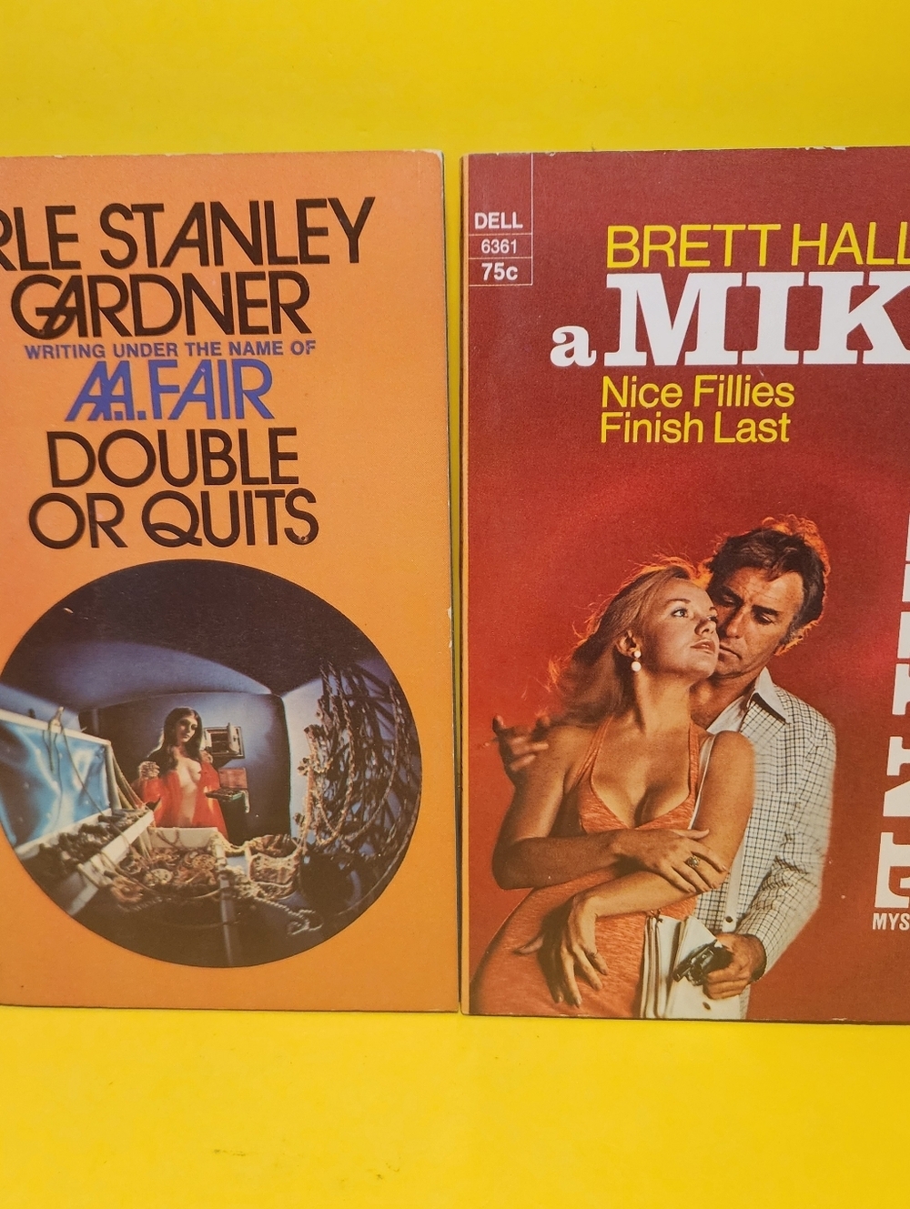 2 Mystery Detective Fiction Books 70s Nice Fillies Finish Last, Double or Quits